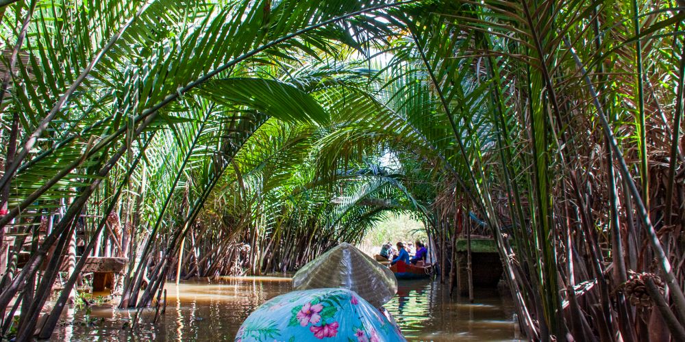 Ruderbootsfahrt in Kanal des Mekong Deltas in Vietnam